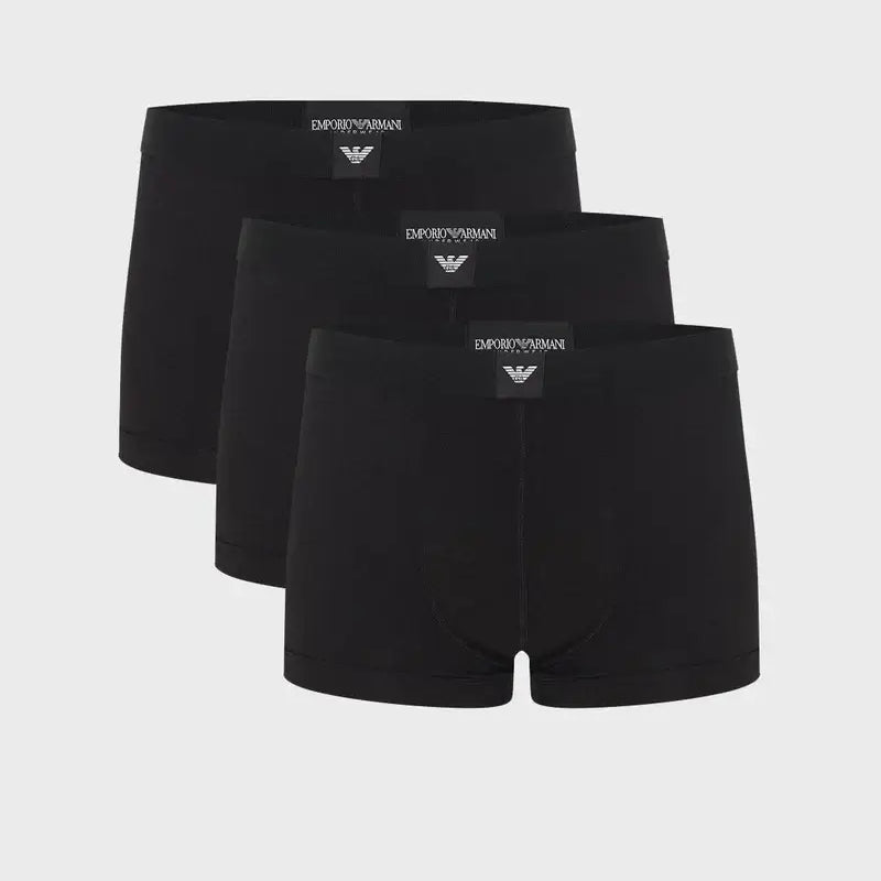 Emporio Armani 3-Pack Stretch Cotton Jersey Trunks, Black – Essential Logo Waistband