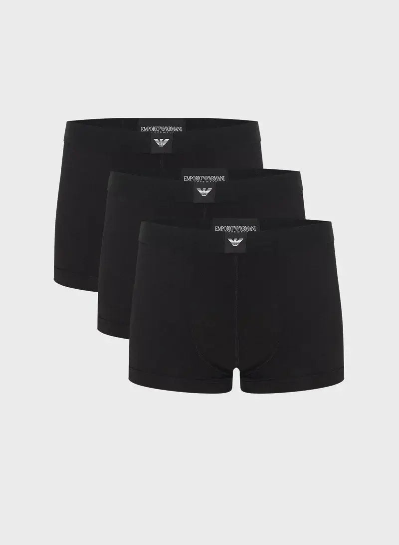 Emporio Armani 3-Pack Stretch Cotton Jersey Trunks, Black – Essential Logo Waistband