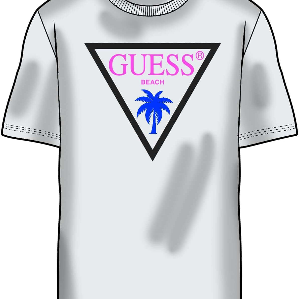 White t-shirt with Guess logo and palm tree design on a white background