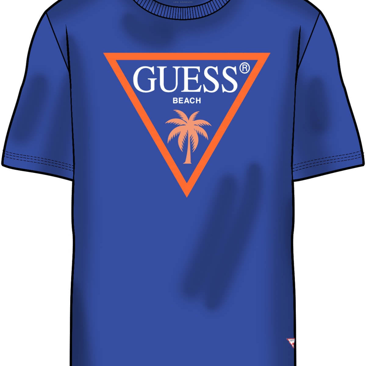 Blue t-shirt with Guess logo and palm tree design on a white background