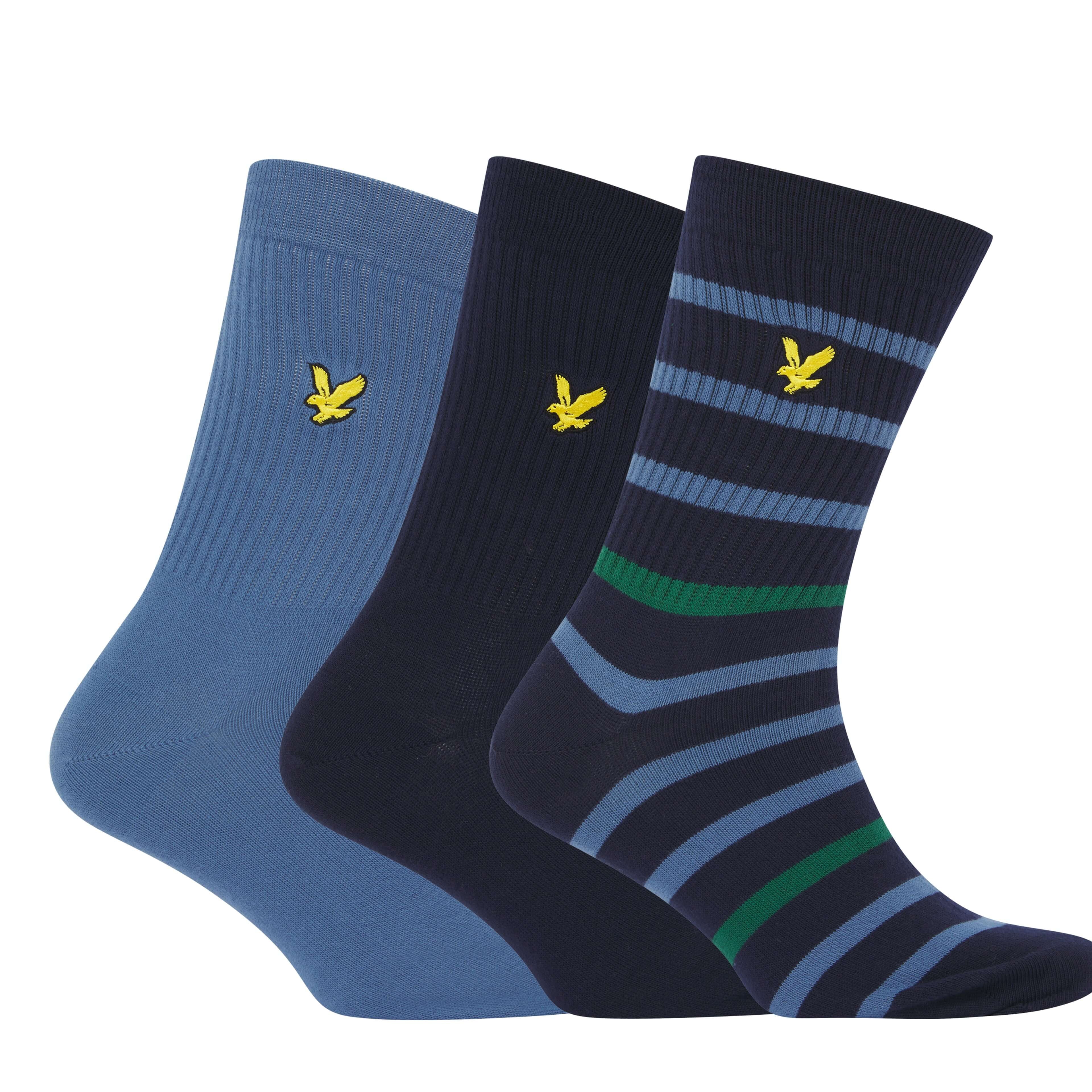 Lyle & Scott 3 Pack Fabian Crew Socks - Stripe/Peacoat/Blue