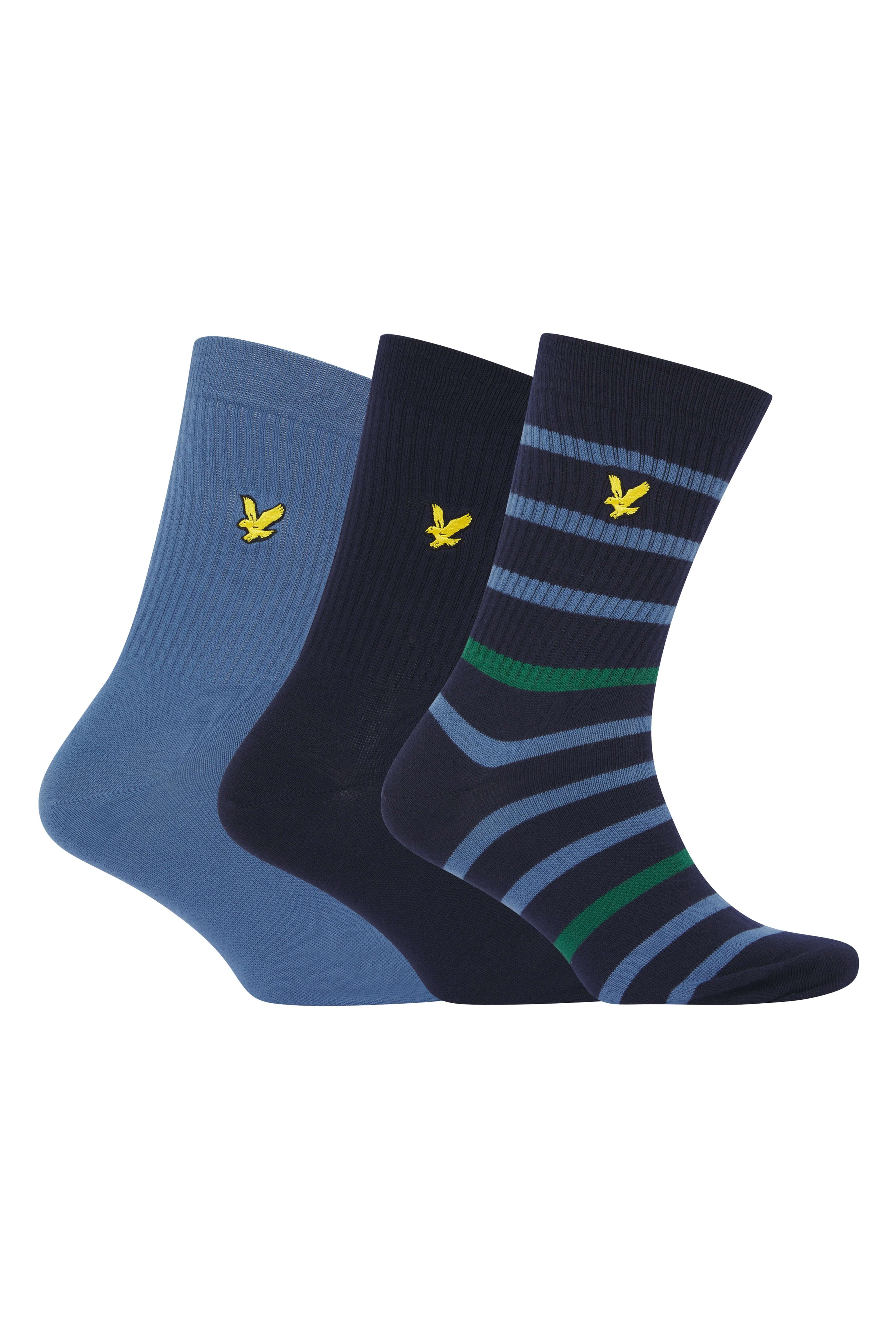 Lyle & Scott 3 Pack Fabian Crew Socks - Stripe/Peacoat/Blue