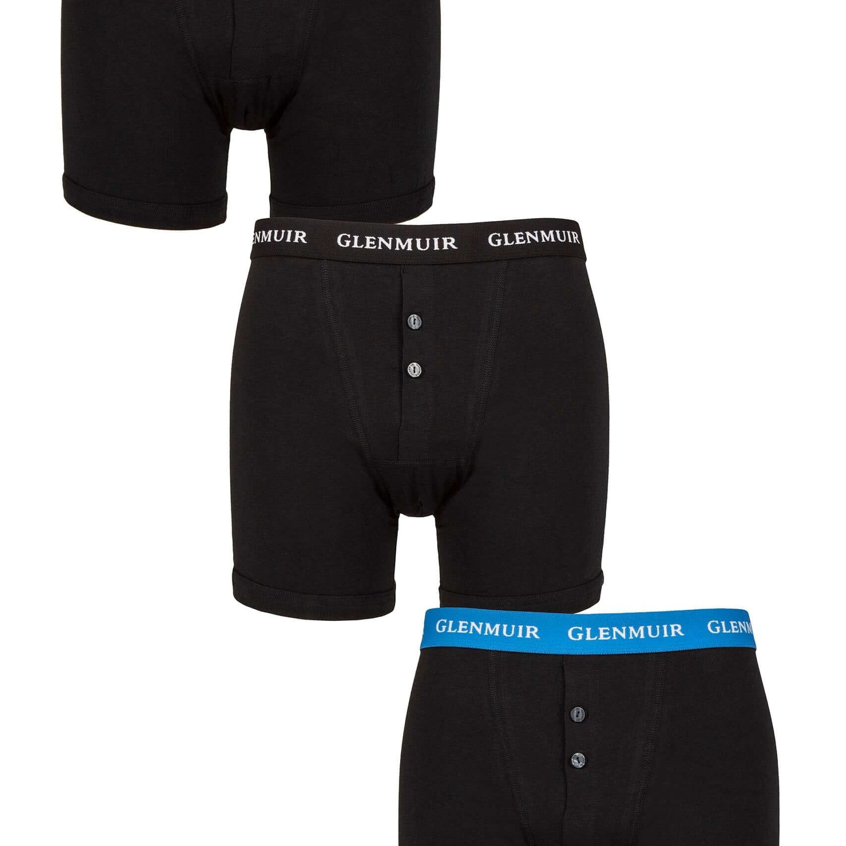 Glenmuir Mens 3 Pack William Button Front Cotton Boxers - Black, Multi