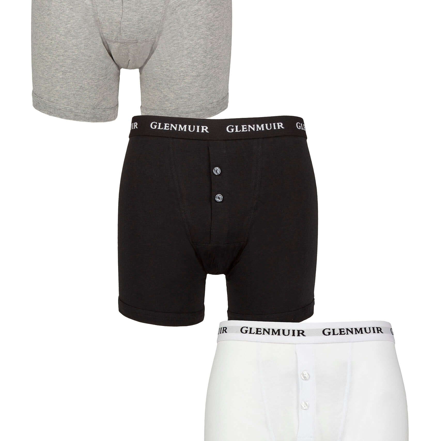 Glenmuir Mens 3 Pack William Button Front Cotton Boxers - Black, White, Grey