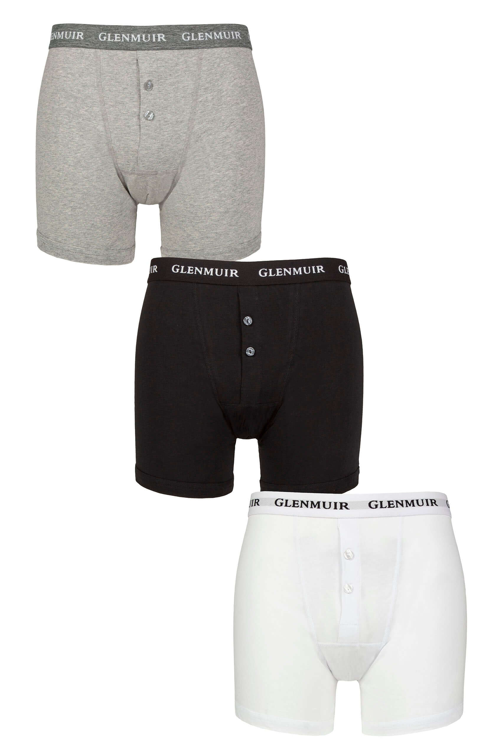 Glenmuir Mens 3 Pack William Button Front Cotton Boxers - Black, White, Grey