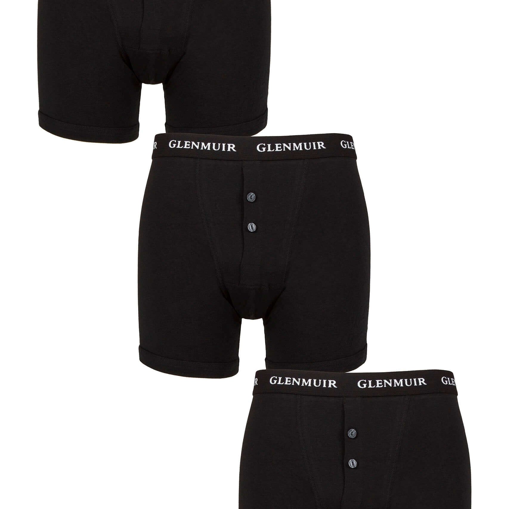 Glenmuir Mens 3 Pack William Button Front Cotton Boxers - Black