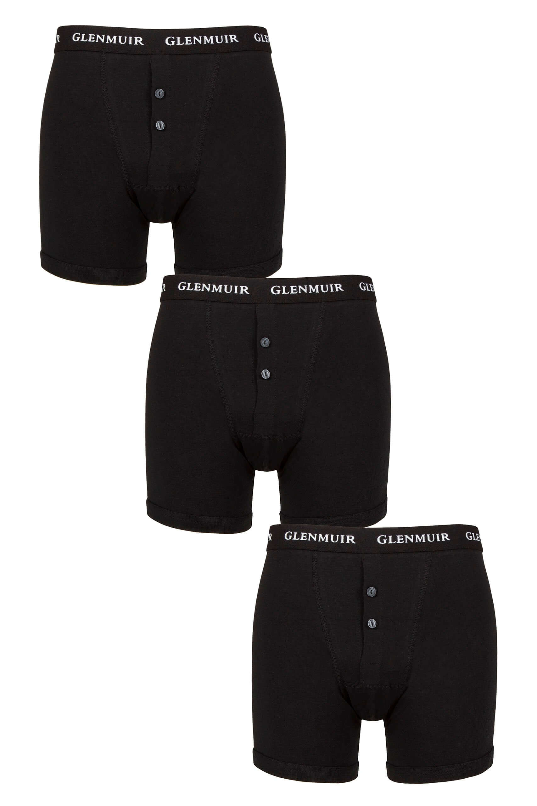 Glenmuir Mens 3 Pack William Button Front Cotton Boxers - Black