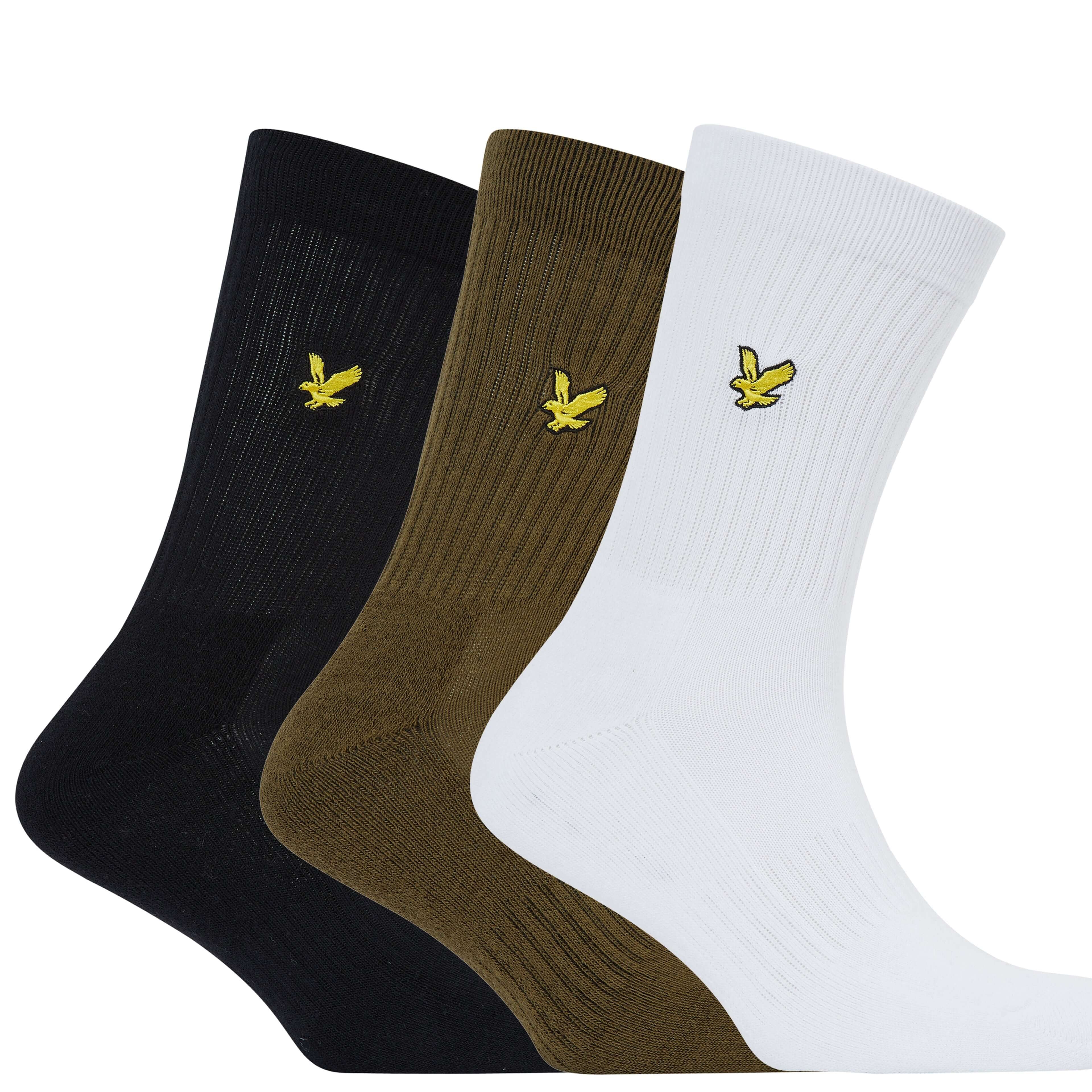 Lyle & Scott 3 Pack Hamilton Crew Socks - Dark Olive / Bright White / Black