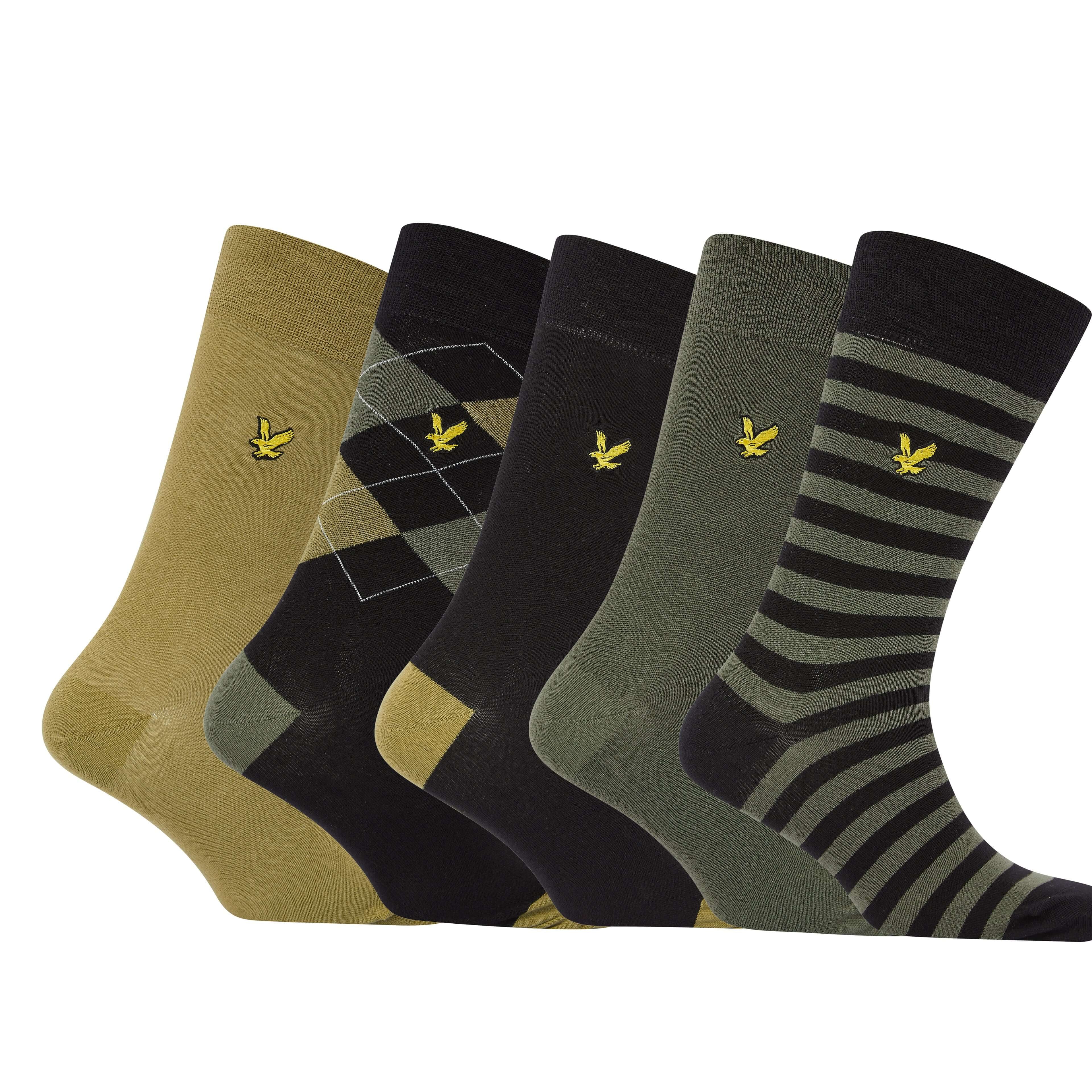 Lyle & Scott 5 Pack Mix Crew Socks - Argyle/Dark Olive/Stripe/Black