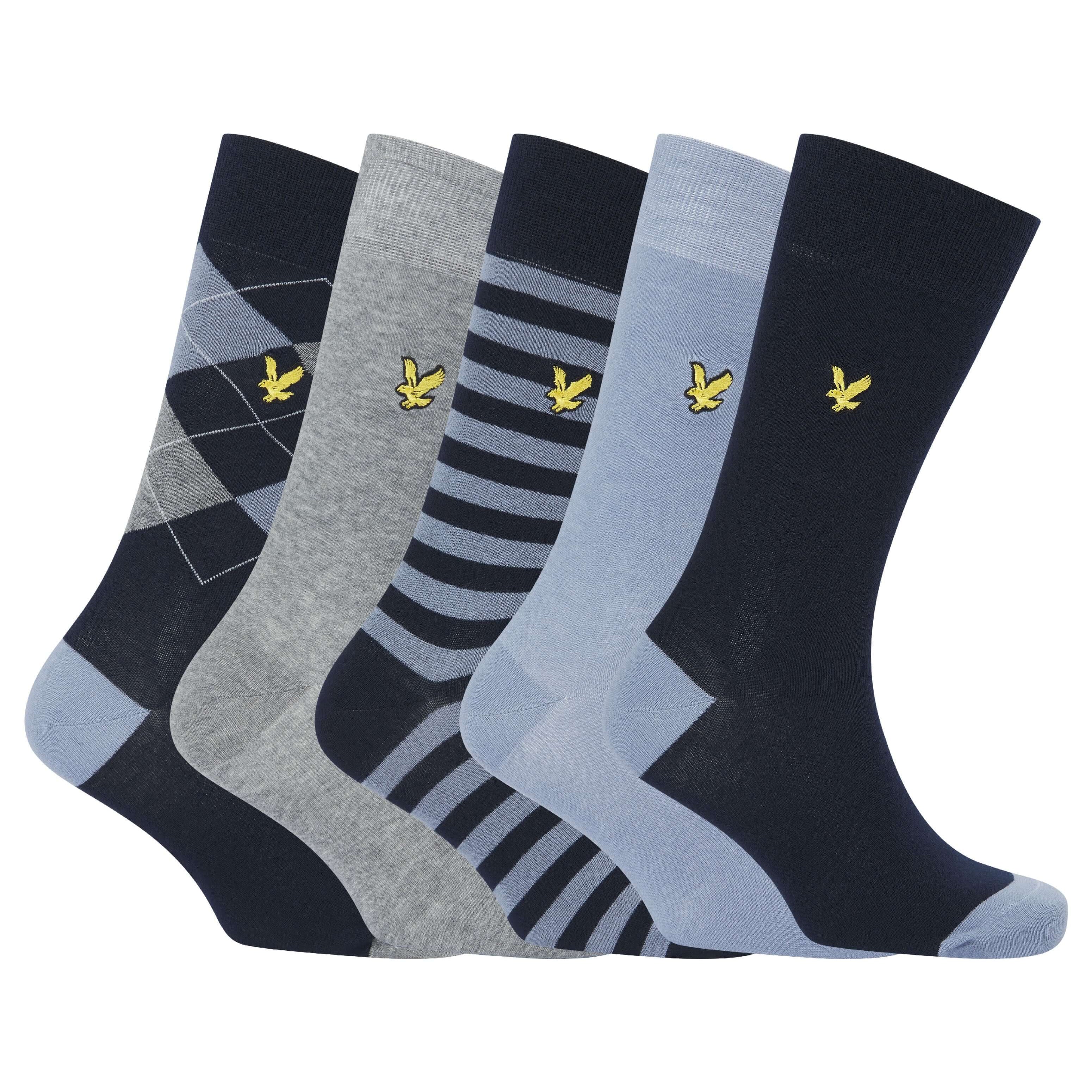 Lyle & Scott 5 Pack Mix Crew Socks - Argyle / Grey / Stripe / Tempest / Peacoat