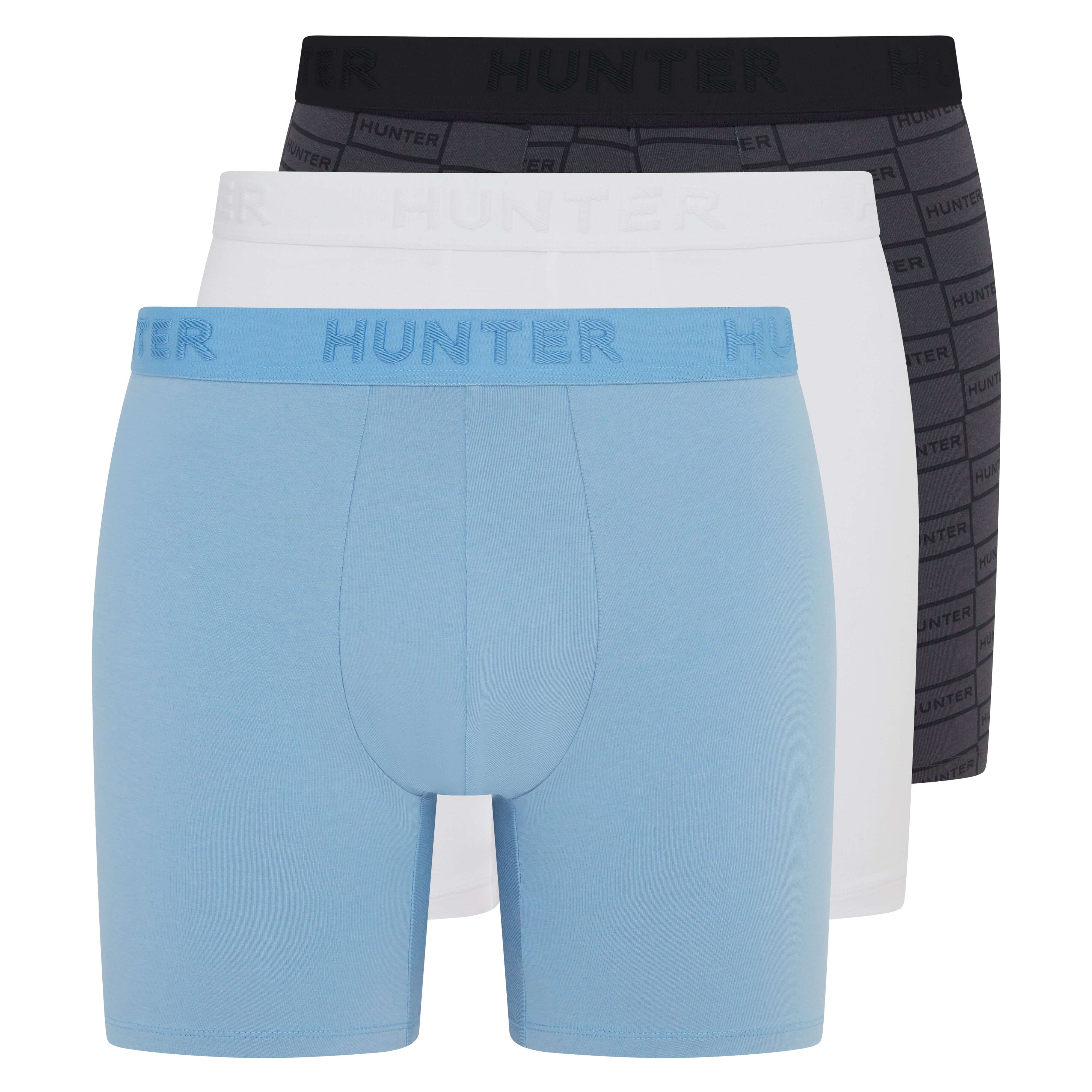 Hunter Men’s 3 Pack Embossed Logo Boxer Briefs – White/Blue/Night Sky
