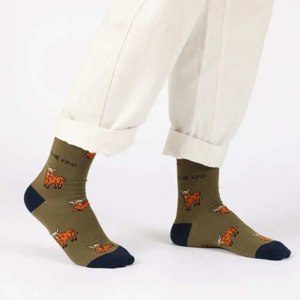 Bare Kind Green Highland Cow Bamboo Socks | Sustainable Animal Gift Socks