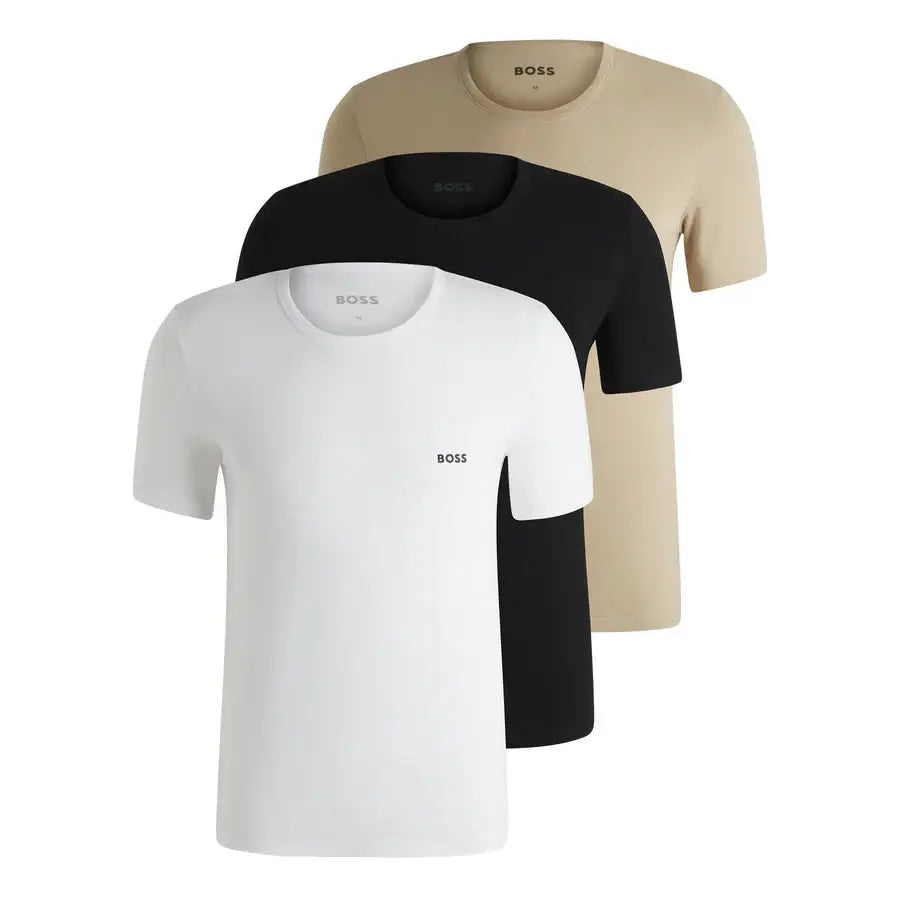 Boss 3 Pack Cotton Underwear T-Shirts With Logo Embroidered - Beige/Black/White