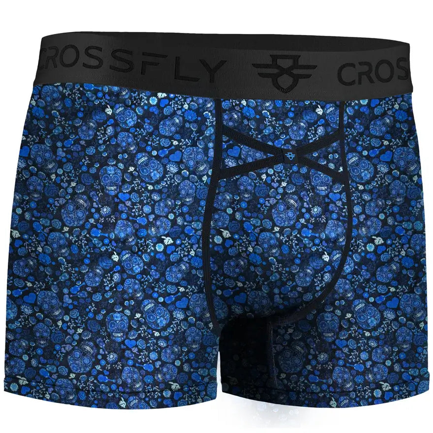 Crossfly IKON Men’s 3" Trunks – Skulls & Hearts Blue | 1-Pack Supersoft Modal