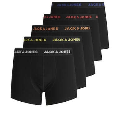 Jack & Jones 5-Pack Cotton Stretch Trunks | Black with Coloured Logo Waistbands
