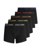 Jack & Jones 5-Pack Cotton Stretch Trunks | Black with Coloured Logo Waistbands