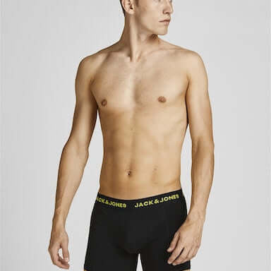 Jack & Jones 5-Pack Cotton Stretch Trunks | Black with Coloured Logo Waistbands