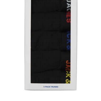 Jack & Jones 5-Pack Cotton Stretch Trunks | Black with Coloured Logo Waistbands