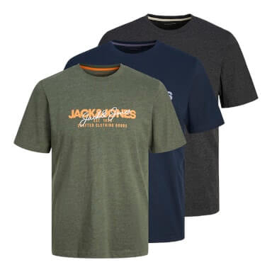 Jack & Jones 3 Pack JJalvis Crew Neck T-Shirts - Green/Blue/Charcoal