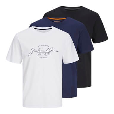 Jack & Jones 3 Pack JJFERRIS Crew Neck T-Shirts - Navy/Black/White
