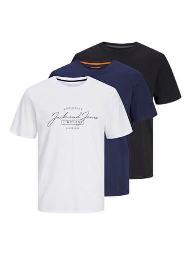 Jack & Jones 3 Pack JJFERRIS Crew Neck T-Shirts - Navy/Black/White
