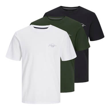 Jack & Jones 3 Pack JJFERRIS Crew Neck T-Shirts - Green/Black/White