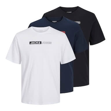 Jack & Jones 3 Pack JJECORP Crew Neck T-Shirts - White/Navy/Black (Logo Tee Play)