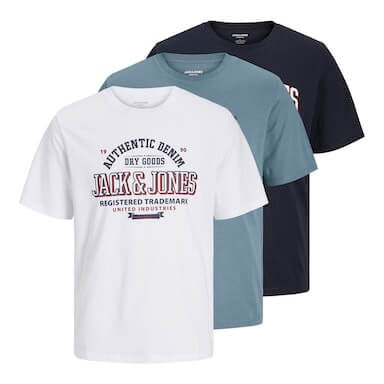 Jack & Jones 3 Pack JJELOGO Crew Neck T-Shirts - Blue/White/ Dark Navy