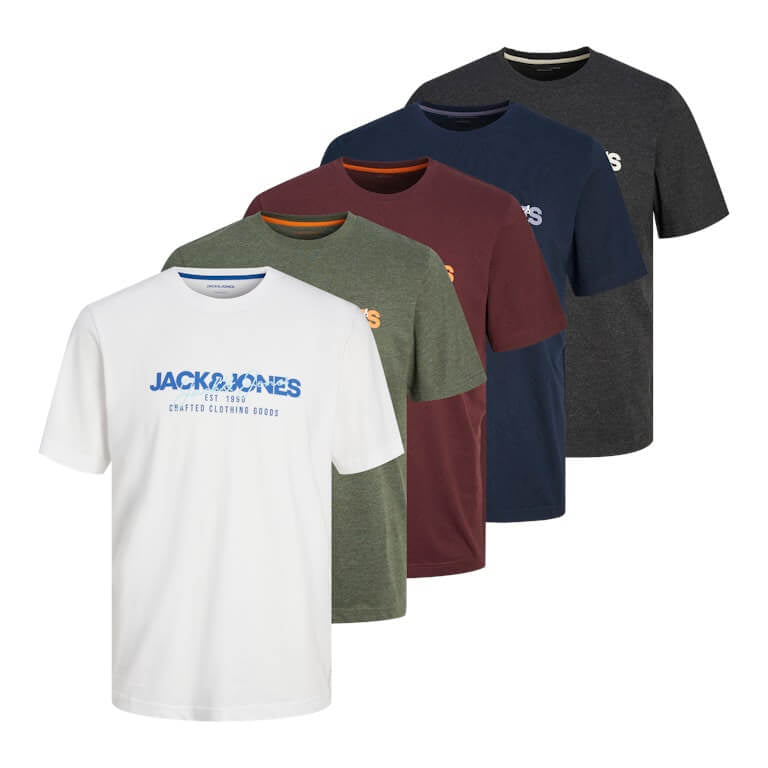Jack & Jones 5 Pack JWHALVIS 100% Cotton Crew Neck T-Shirts - Multi