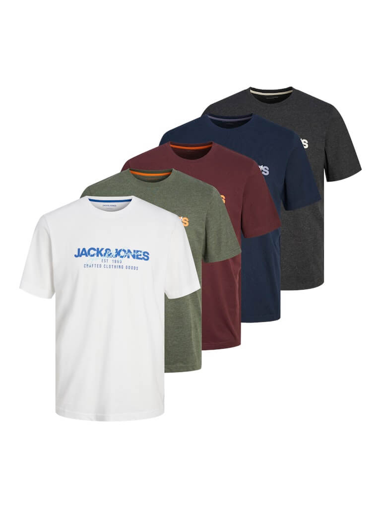Jack & Jones 5 Pack JWHALVIS 100% Cotton Crew Neck T-Shirts - Multi