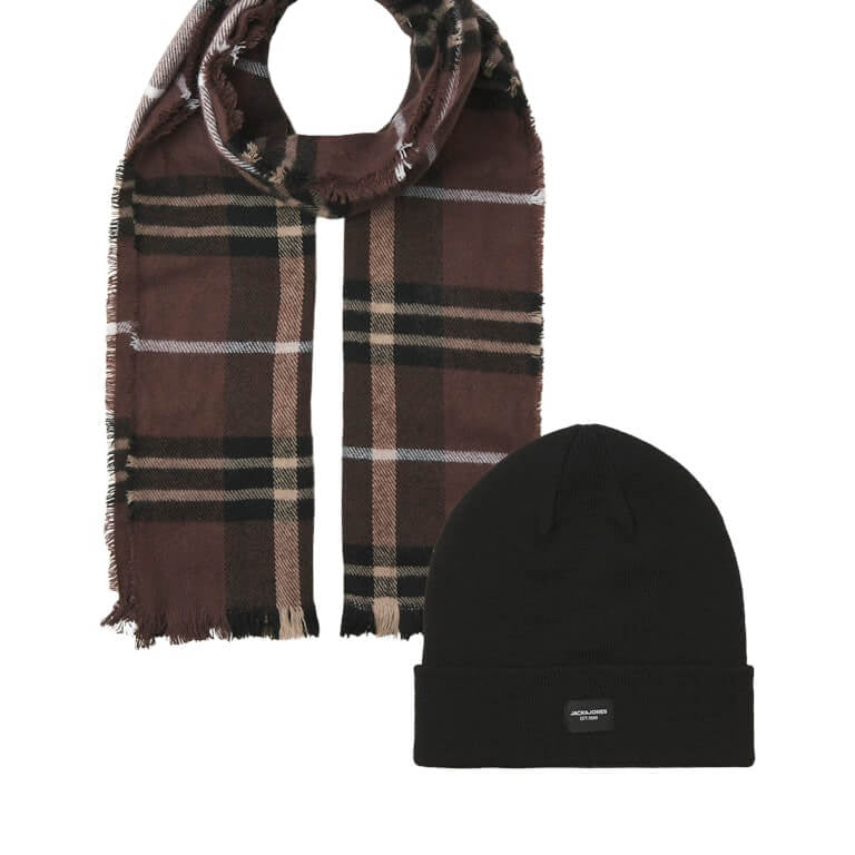 Jack & Jones Beanie & Scarf Gift Box Men’s Winter Knit Set - Deep Mahogany / Black