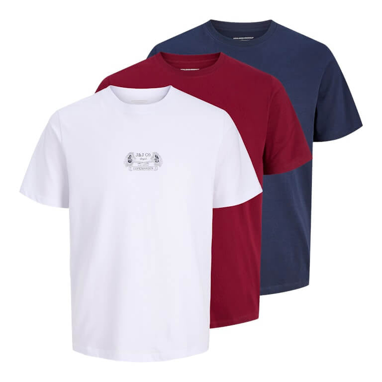 Jack & Jones JORRETRO Men’s 3-Pack Crew Neck T-Shirts – White, Red, Navy Blue