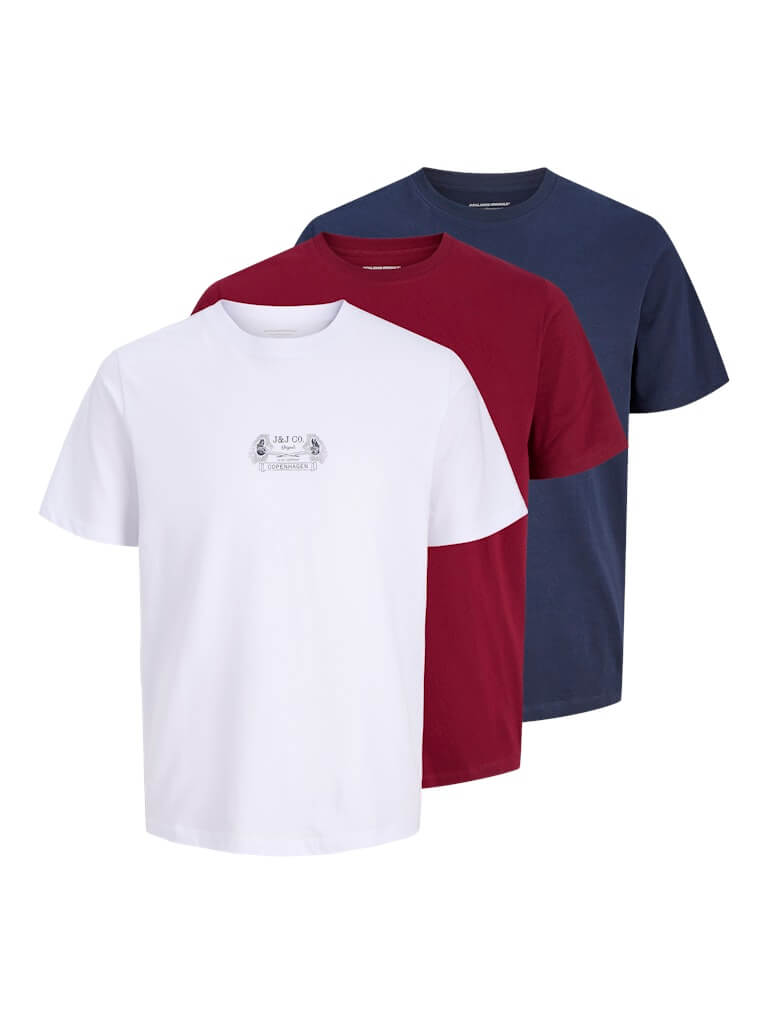 Jack & Jones JORRETRO Men’s 3-Pack Crew Neck T-Shirts – White, Red, Navy Blue