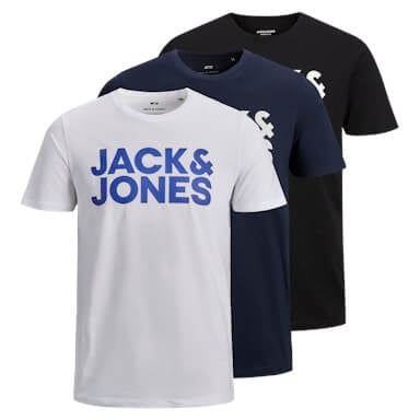 Jack & Jones 3 Pack JJECORP Crew Neck T-Shirts - White/Navy/Black Big Logo