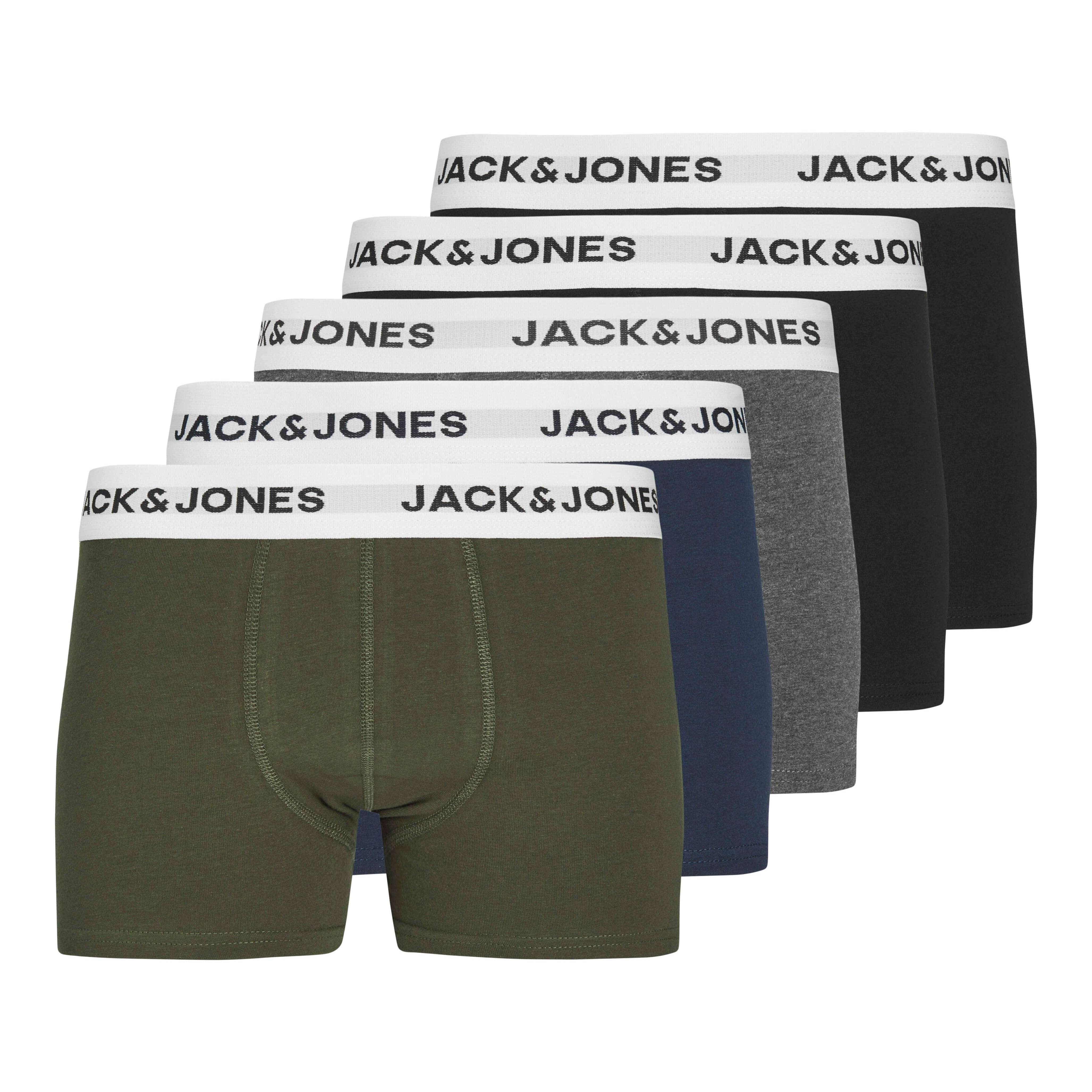 Jack & Jones Cotton Stretch Junior Trunks 5 Pack - Black / Grey / Navy / Olive