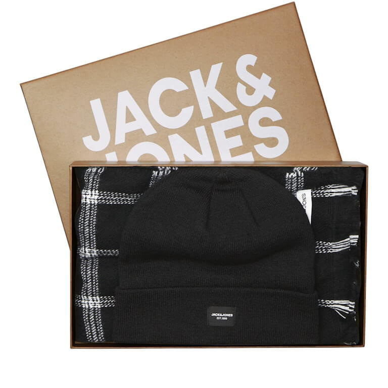 Jack & Jones JACFROST Beanie & Scarf Gift Box Men’s Winter Knit Set, Black