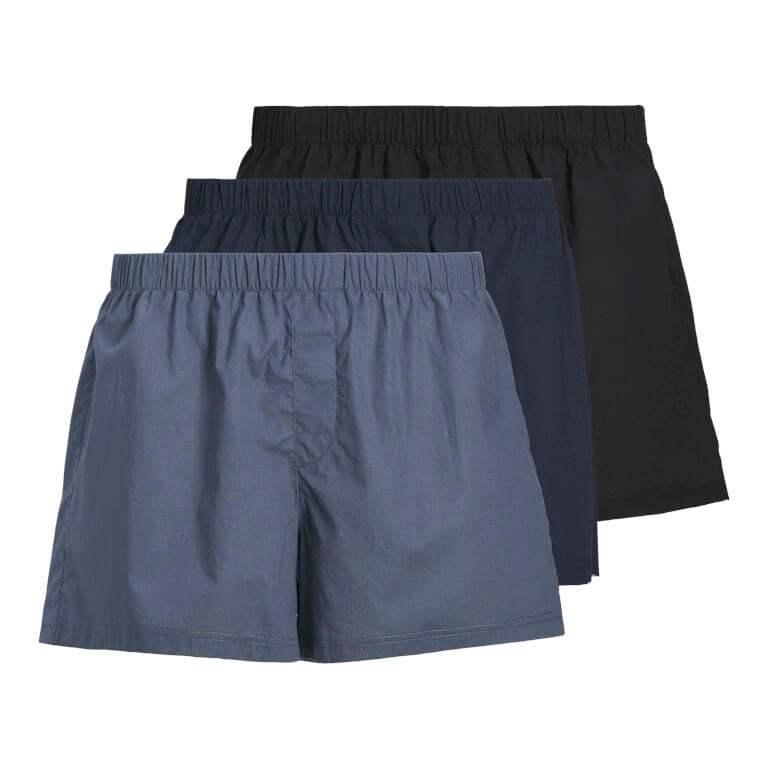 Jack & Jones Jacmilano 3 Pack Woven Boxers 100% Cotton - Indigo / Navy / Black