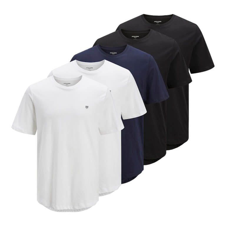 Jack & Jones 5 Pack JPRBLABRODY 100% Cotton Crew Neck T-Shirts - White/Navy/Black