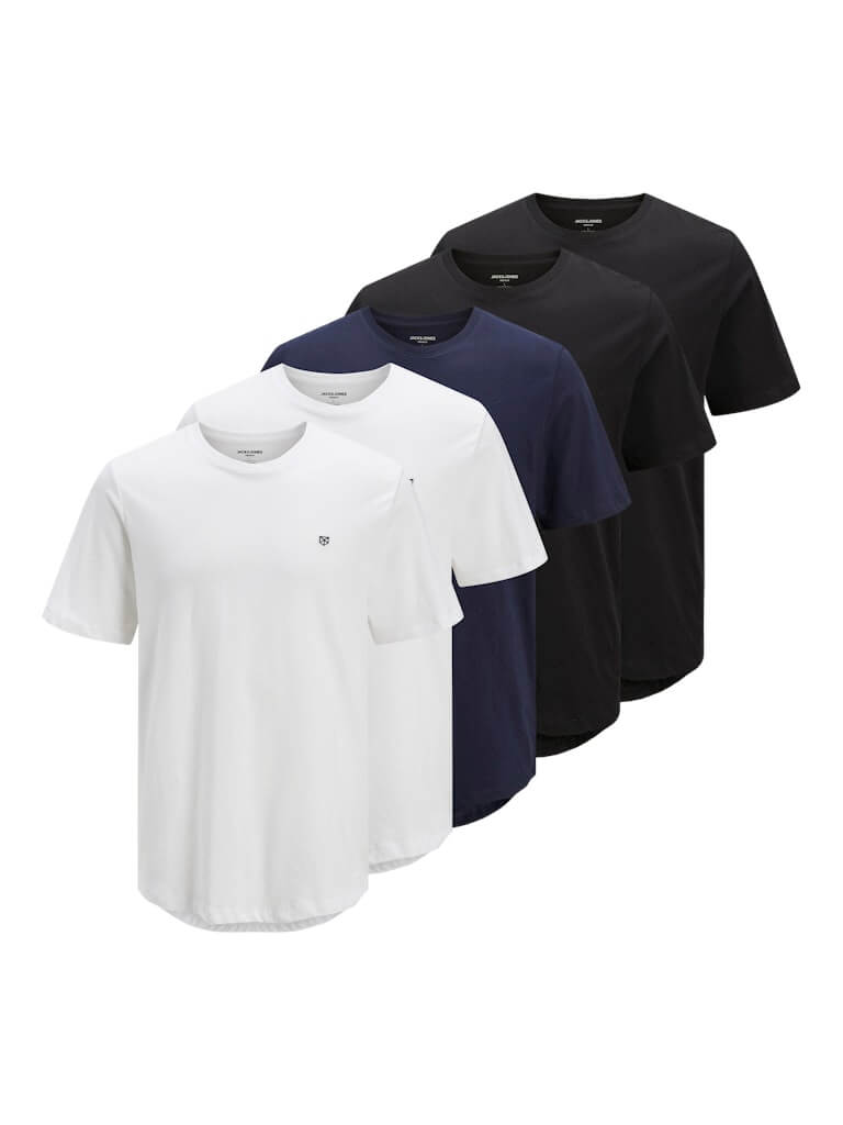 Jack & Jones 5 Pack JPRBLABRODY 100% Cotton Crew Neck T-Shirts - White/Navy/Black