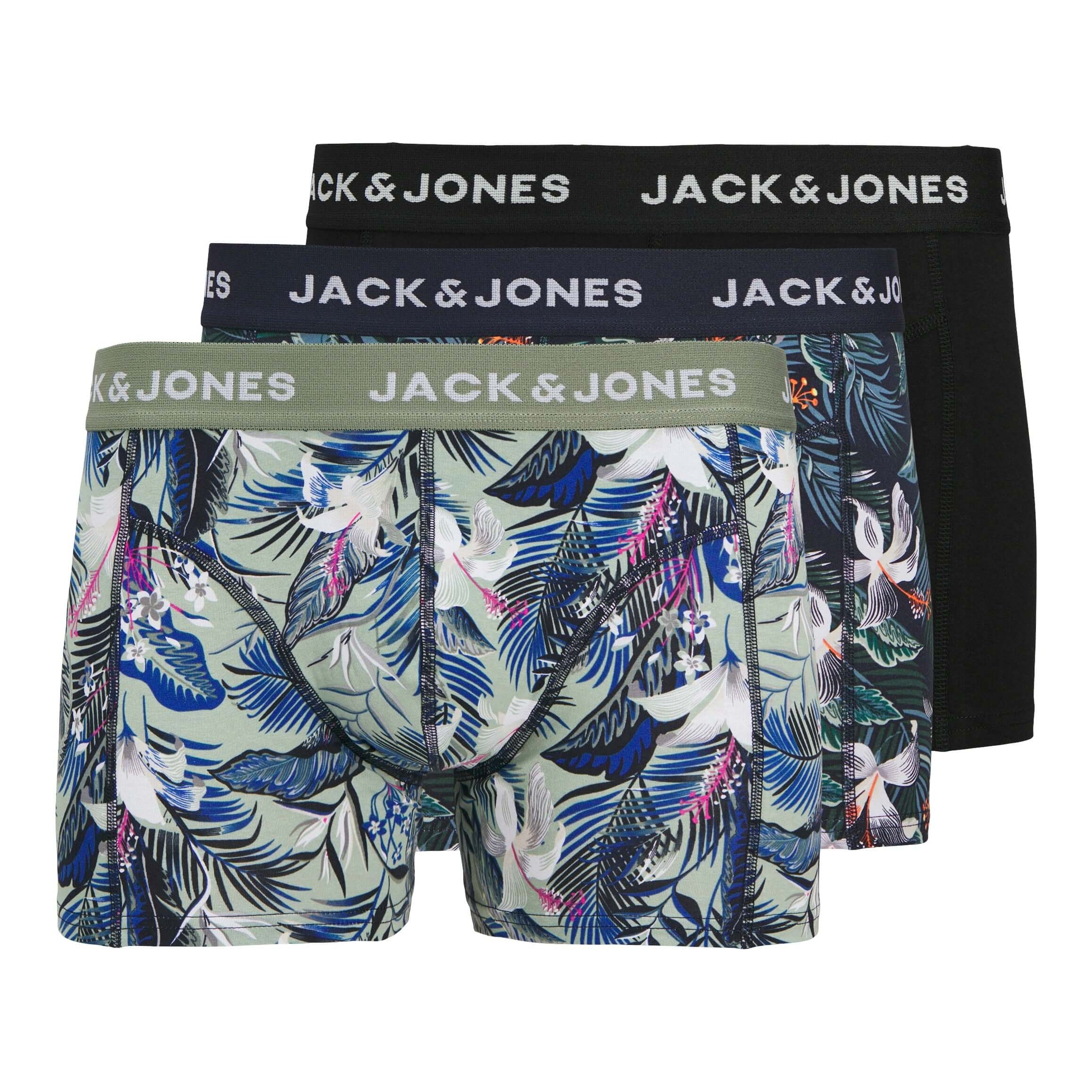 Jack & Jones Jacbrady Flower 3 Pack Cotton Stretch Trunks - Black / Multi Print