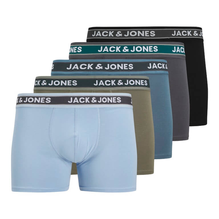 Jack & Jones Jacevan 5 Pack Cotton Stretch Trunks - Black /Oceanview / Green / Chambray blue