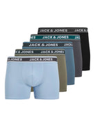 Jack & Jones Jacevan 5 Pack Cotton Stretch Trunks - Black /Oceanview / Green / Chambray blue