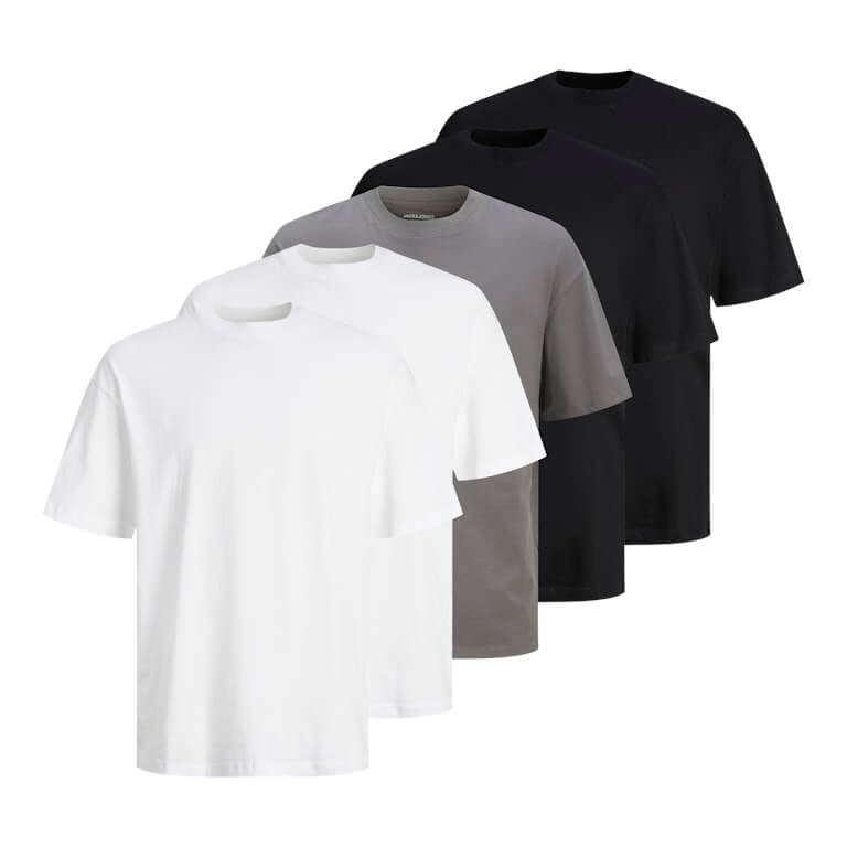 Jack & Jones Men’s 5-Pack JJHugo Crew Neck T-Shirts – 100% Cotton, Loose Fit