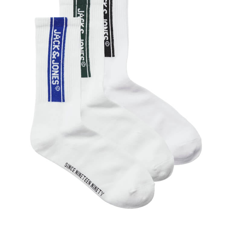 Jack & Jones 3 Pack Jacseth Sports Socks - White - Black/Blue/Green ( Size 7-11 )