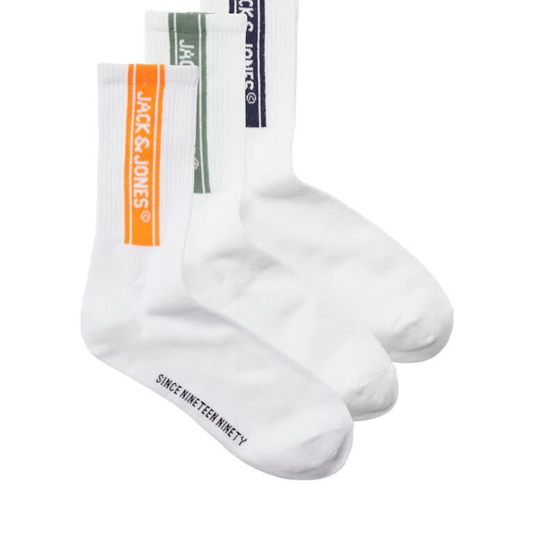 Jack & Jones 3 Pack Jacseth Sports Socks - White - Orange/Green/Blue ( Size 7-11 )