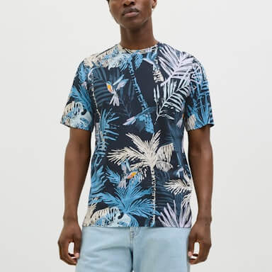 Jack & Jones 1 Pack JJHAWAII AOP Crew Neck 100% Cotton T-Shirt