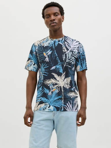 Jack & Jones 1 Pack JJHAWAII AOP Crew Neck 100% Cotton T-Shirt