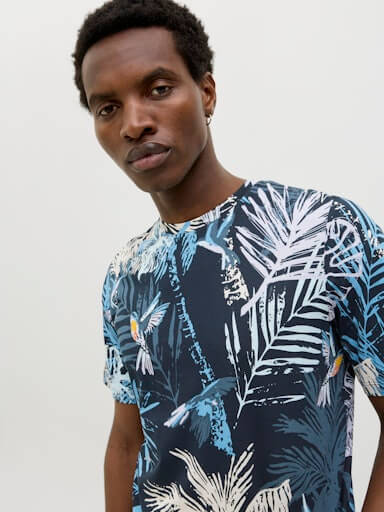 Jack & Jones 1 Pack JJHAWAII AOP Crew Neck 100% Cotton T-Shirt