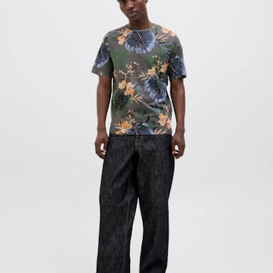 Jack & Jones 1 Pack JJHAWAII AOP Crew Neck 100% Cotton T-Shirt