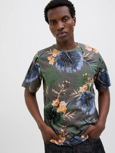 Jack & Jones 1 Pack JJHAWAII AOP Crew Neck 100% Cotton T-Shirt